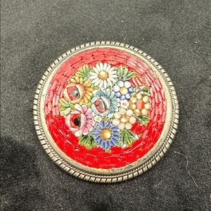 Vintage Italian Micro Floral Mosaic Brooch - Red and Silver